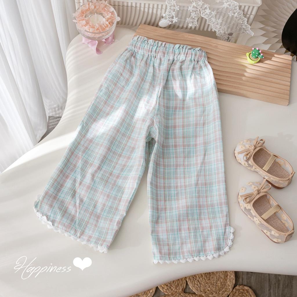 Girls' Summer Set Fashionable Lace Collar Rabbit Print Vest Checkered Embroidery Cropped Pants Two-piece Set