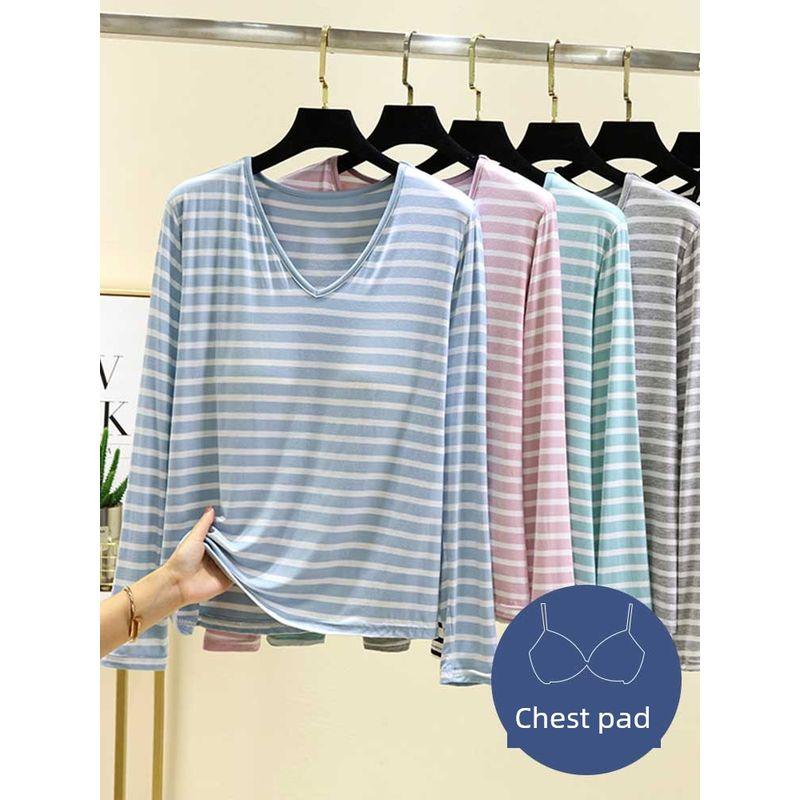 V-neck Modal With Chest Pad T-shirt Women's Spring Inner wear Long sleeve Stripe Bottoming Shirt Thin Casual Plus size Loose Top