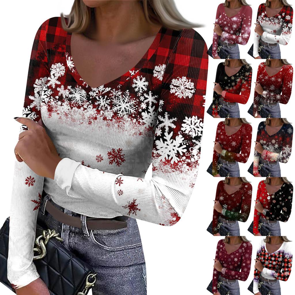 Women's Winter Slim-Fit Base Layer T-Shirt Fashionable Christmas Print V-Neck Pullover Long-Sleeved Top