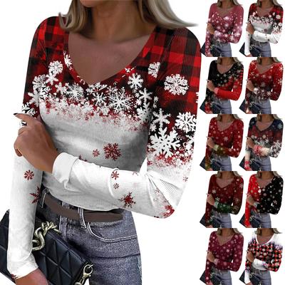 Damen Winter Slim-Fit Baselayer T-Shirt Modischer Weihnachtsdruck V-Ausschnitt Pullover Langarm-Top