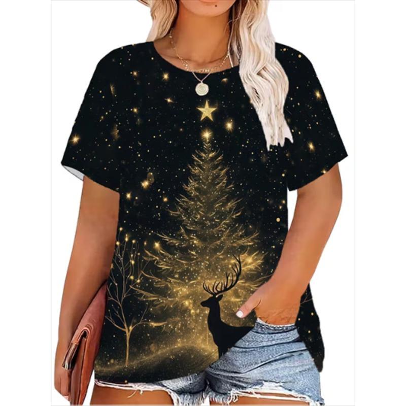 Women's Christmas T-Shirt Holiday Top Tee Round Neck Shirt Festive Wear Cheerful Print Short Sleeve T-Shirt