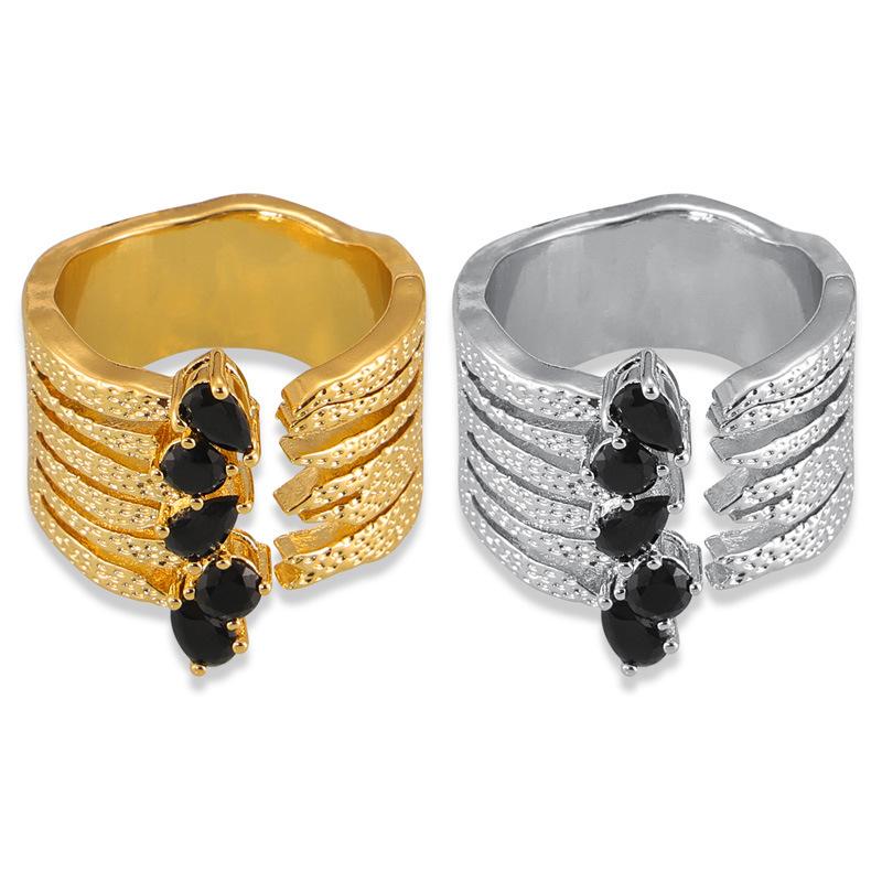 Wind Design Copper Plated Real Gold Diamond Ring Retro Hammer Wide Version Hollow Niche Simple Ring