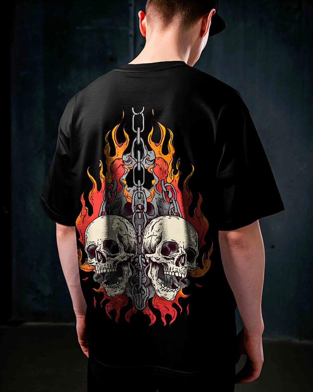 

Adult and Childrens Hell Chains Flame Skull Doublesided Print Pure Cotton Tshirt A Musthave for Hardcore Punk Parties S