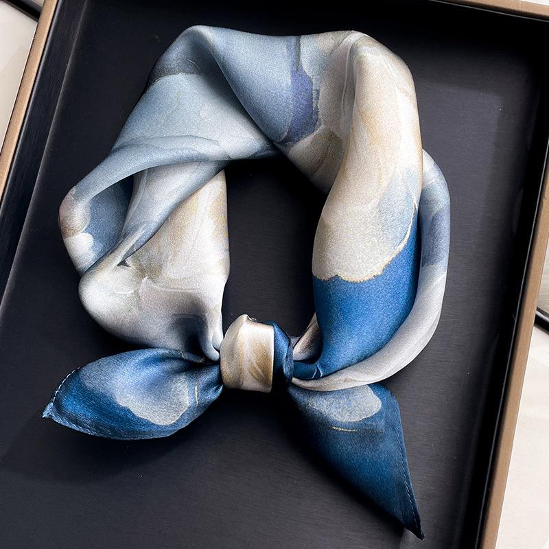 1116 New Blue Silk Silk Scarf Neck Small Square Scarf Women's Spring and Autumn Neck Protection Scarf Fashionable Foreign High-end Shawl
