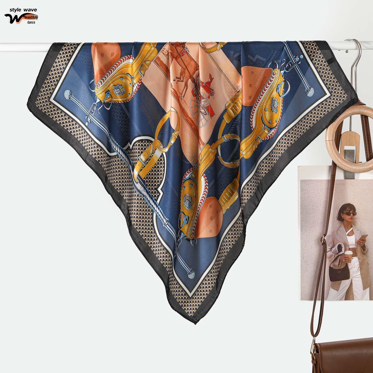 

70CM French Retro Women s Carriage Print Imitation Silk Scarf 70*70 CM