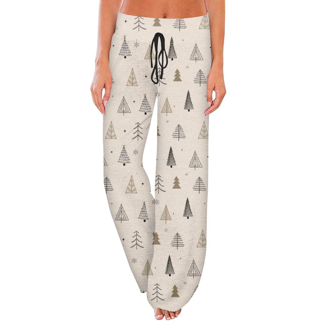 Women's Casual Fashion Comfort Pajama Pants Christmas Print Drawstring Wide Leg Pants