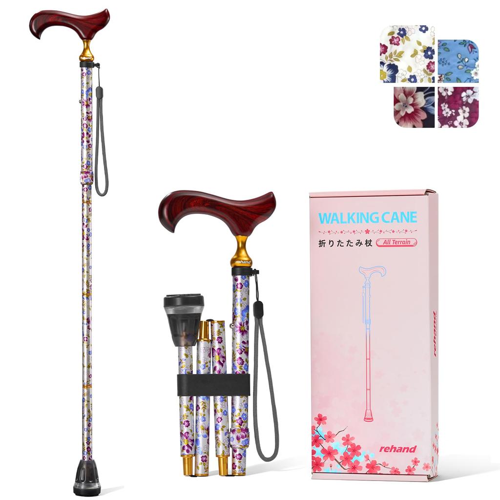 Rehand Women's Folding Cane, Lightweight Walking Stick with 5-Stage Adjustable Wooden Handle - Perfect Gift for Respect for the Aged Day or Mother's D