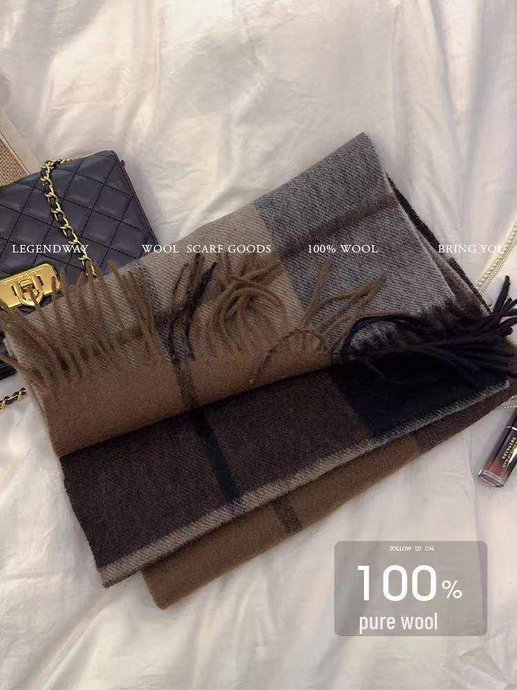 100% Wool Plaid Scarf for Women - Luxury Gift Shawl, Pure Wool Neck Scarf