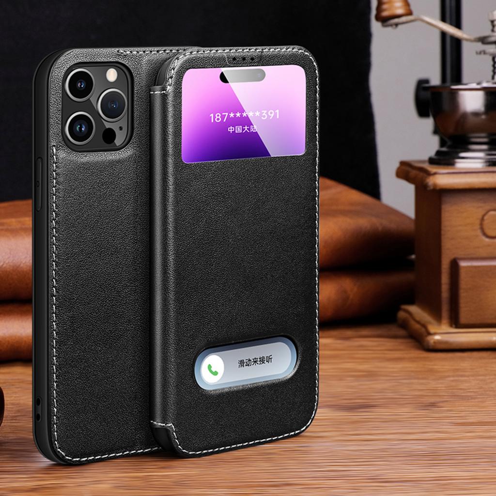 Genuine Leather Clear View Window Phone Case for iPhone 15 14 13 12 11 Pro Max XR XS X 7 8 Plus SE 2020  Magnetic Flip Cover