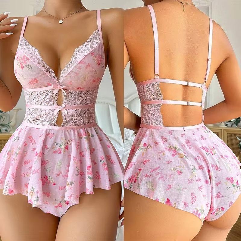 Floral Underwear Sets Sexy Lingerie Women Lace Bow Bodysuit Exotic Pajamas Teddy Babydoll Dress Deep V Open Bra Porno Underwear