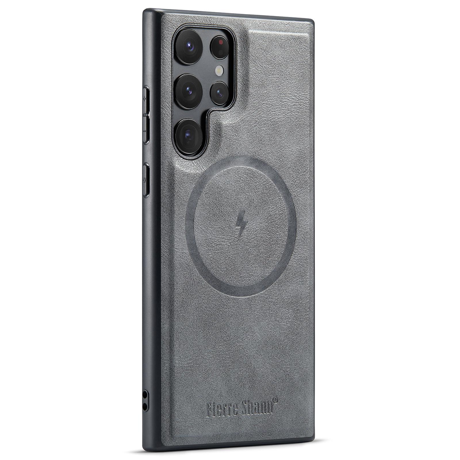 

FIERRE SHANN 025 Style For Samsung Galaxy S23 Ultra Kickstand Case PU+TPU Phone Cover with Card Bag Grey