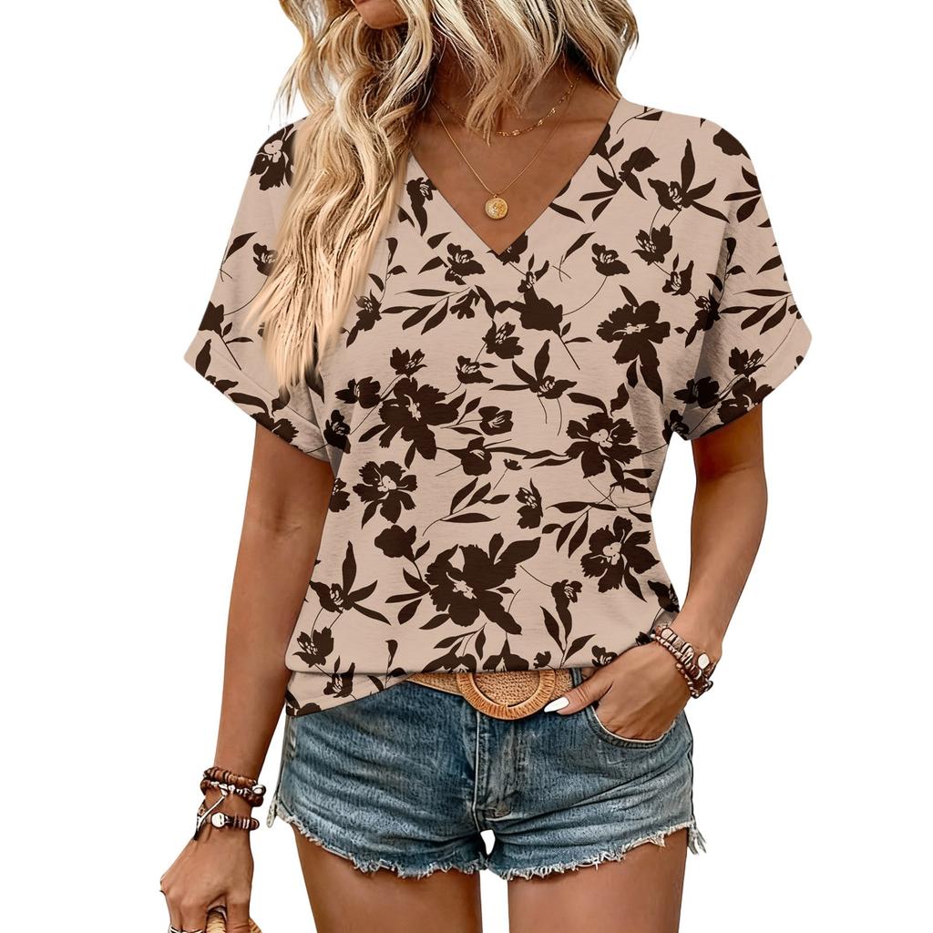Damen Sommer Oberteile Kurzarm V-Ausschnitt Hemden Lässig Elegant Sommer Blusen Tunika Top