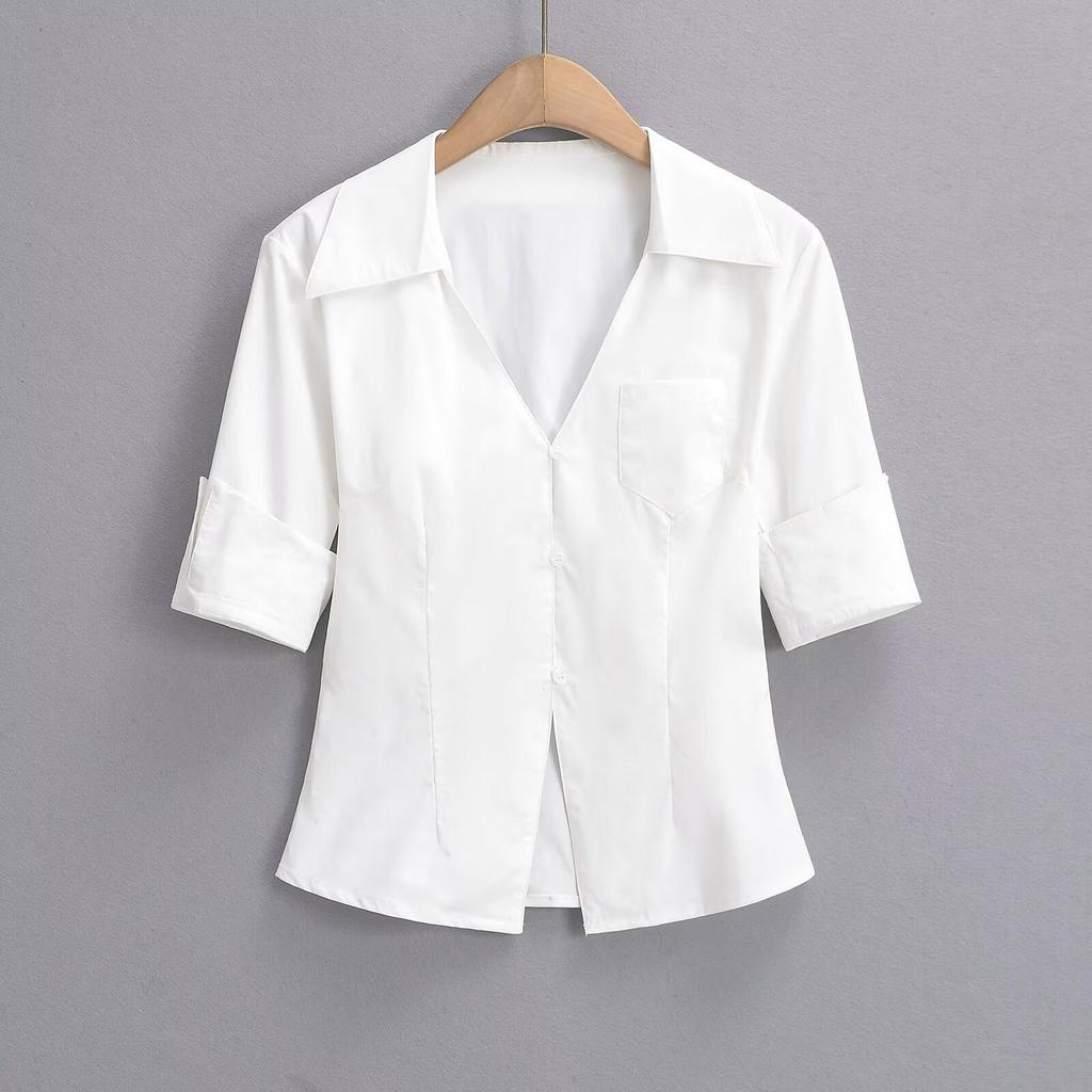 White V-Neck Slim-Fit Women's Sexy Short-Sleeved Shirt