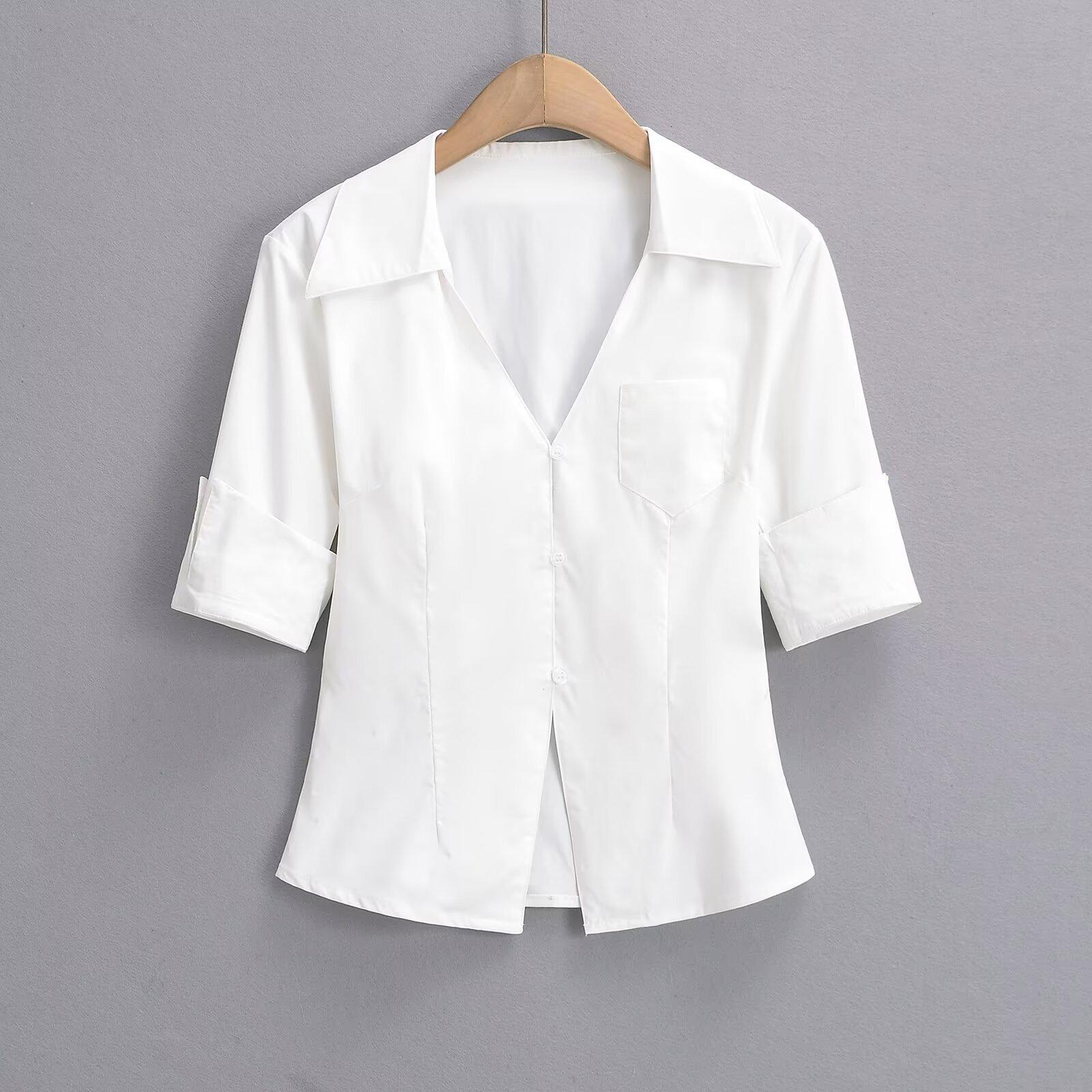 

White V-Neck Slim-Fit Women s Sexy Short-Sleeved Shirt Large білий