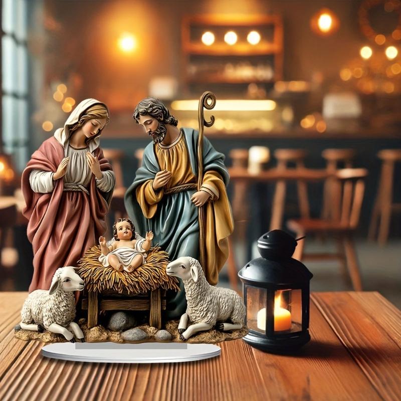 Shatterproof 2D Acrylic Nativity Scene Miniature Figurine Display Art Piece with Base For Home Office Church Desk Decors