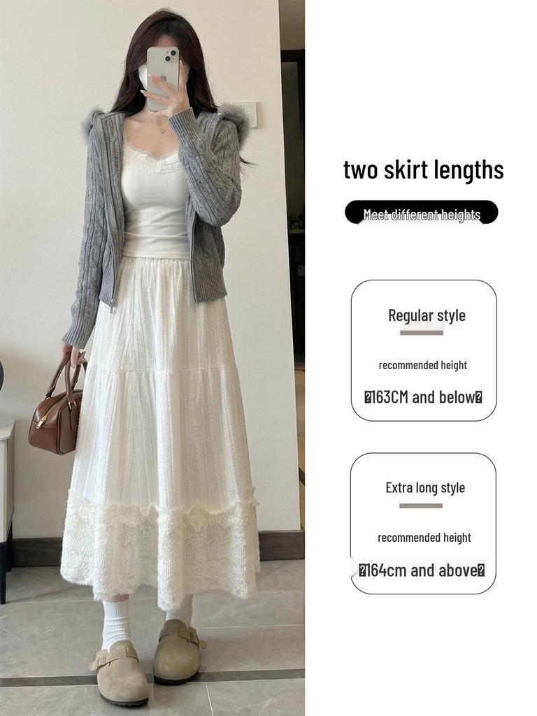 Women's White Lace High Waist A-line Umbrella Skirt - Mid-length Flare for Tall Figures