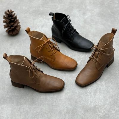 Genuine Leather Chunky Heel Short Boots Casual Cowhide Boots
