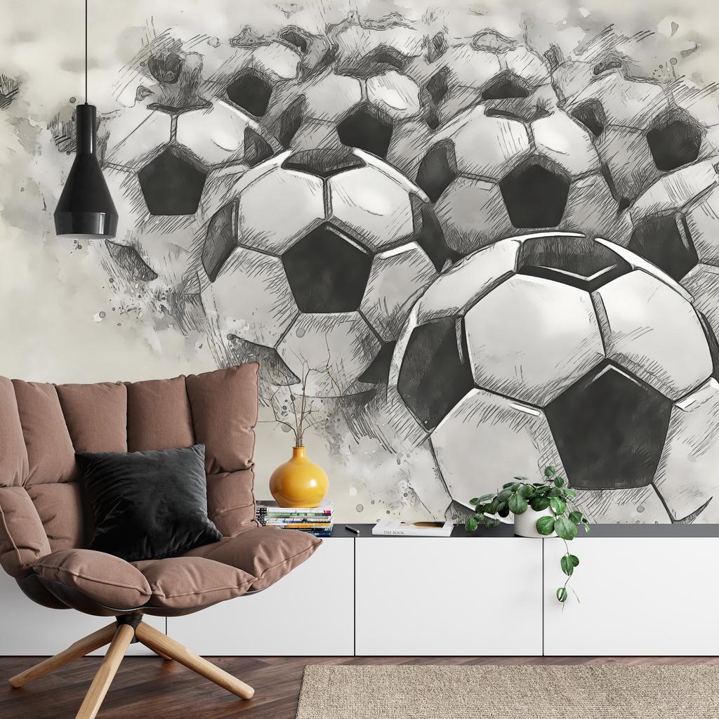 Photomural Soccer Balls Drawn With A Pencil Structural Vinyl 180x120