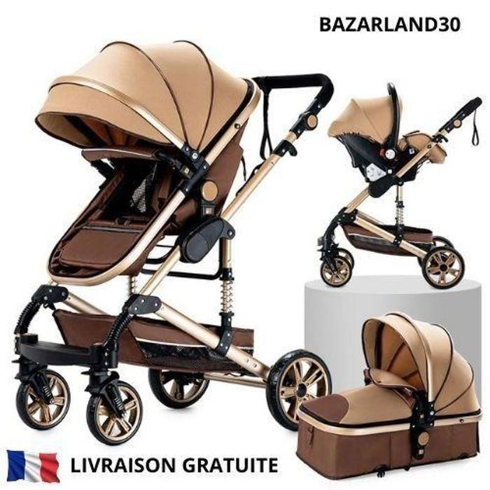 BAZARLAND30. 3-in-1 Baby Stroller Combined Car Seat Bassinet Trio Reversible Adjustable High Quality Puncture-proof Wheels Khaki Handle cachi