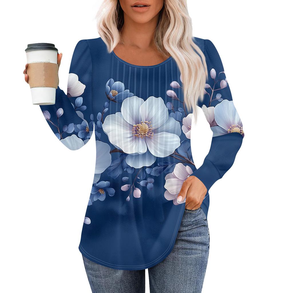 Women's Fashion Casual Pleated Round Neck Vintage Floral Print Long Sleeve T,Shirt Top