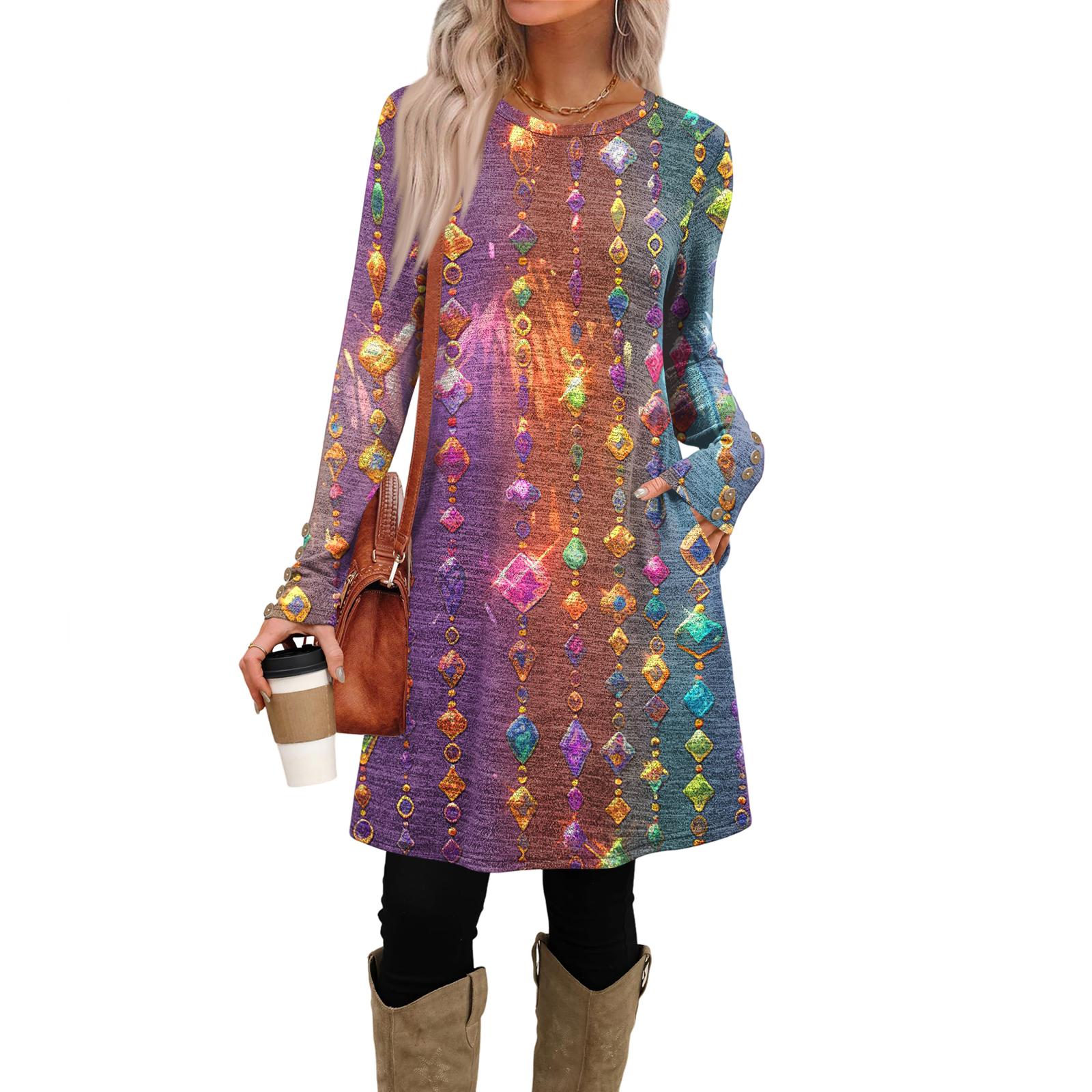 

Women s Fashion Casual Dress With Pockets, Decorative Buttons, Carnival Prints, Round Neck And Long Sleeves S