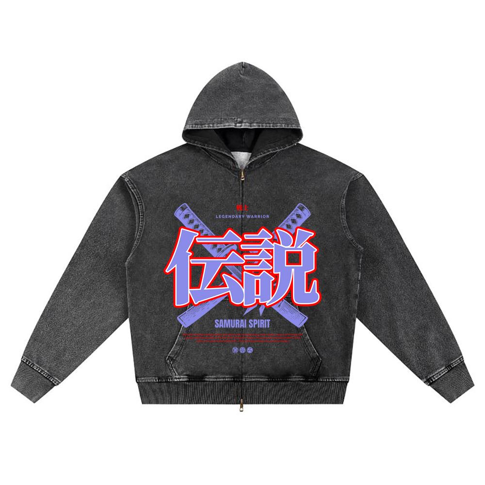 DTG print Knitted Denim Zip-Up Hoodie Japan Samurai Brother Print Zipper Hoodies
