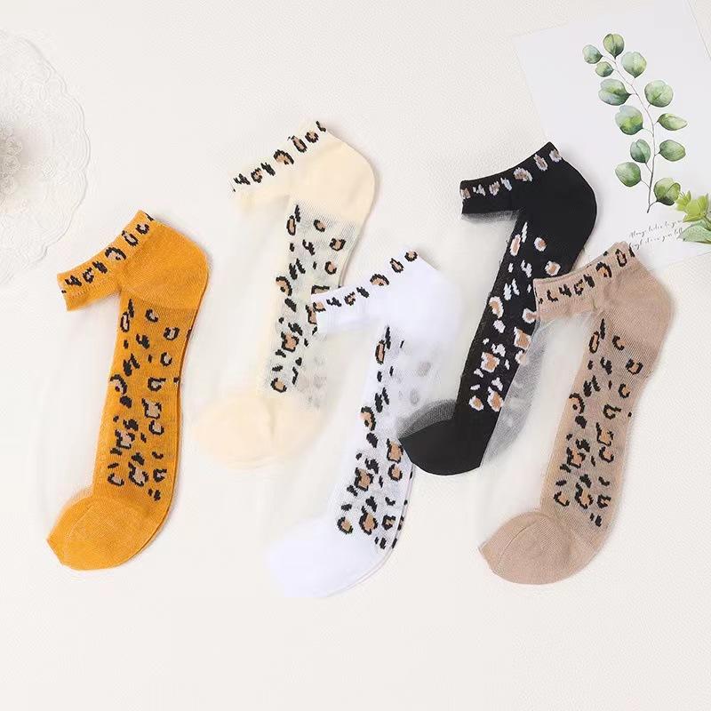 5 Pairs/set Women Slass Filament Fiber Spring and Summer Thin Transparent Leopard Socks Polyester Sock Lace Socks