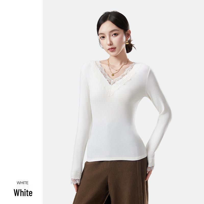 

Кружевная отделка V-образный вырез Бархатный базовый слой Женский Антибактериальный Теплый Приталенный Шерстяной Топ с длинным рукавом M (100-115 lbs)