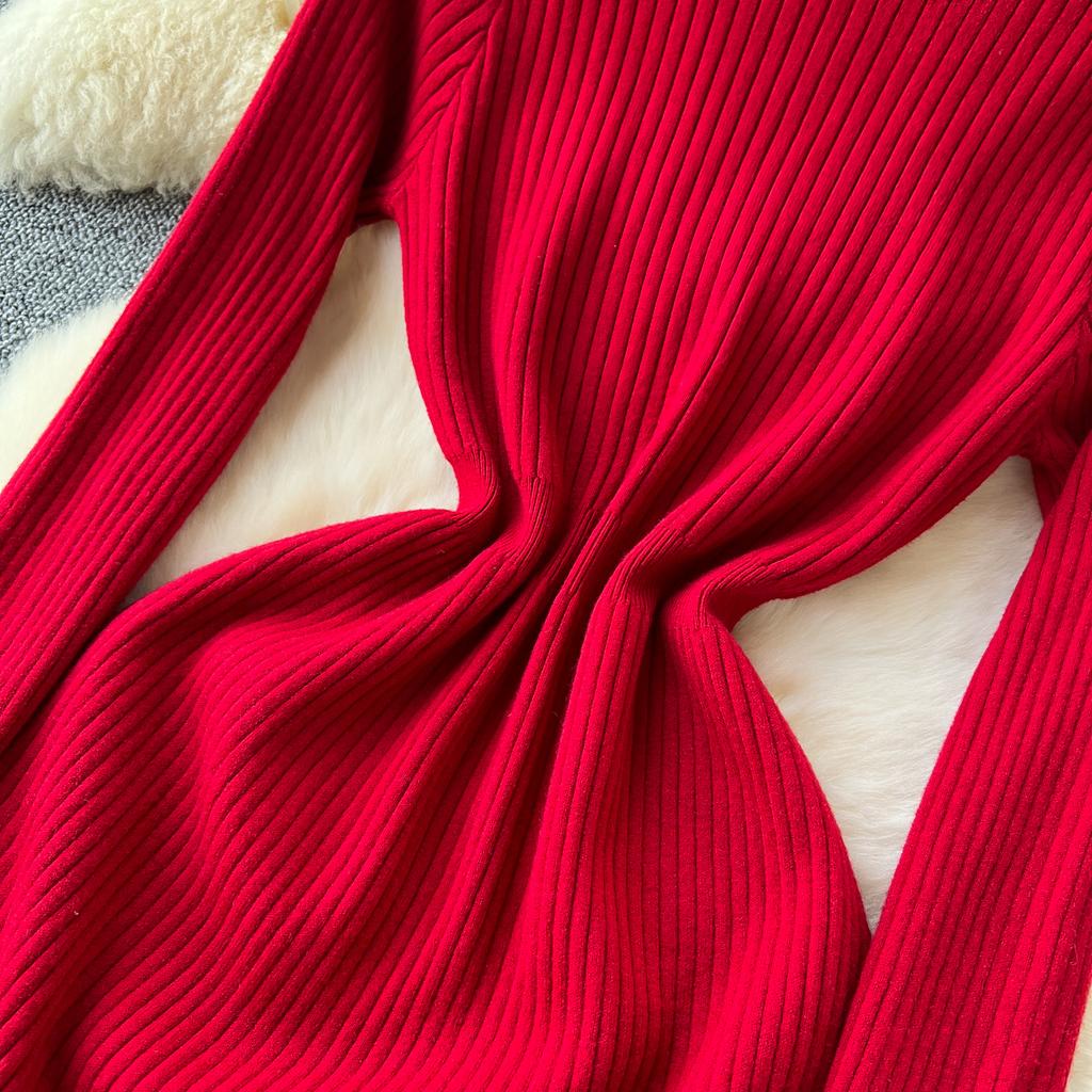 French Sweet  Elega O Neck Solid Knit Long Sleeve Ruffle Dress Women Basics Fashion Summer Spring Dress