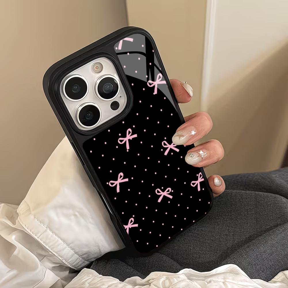 Black Background Bow Design Glass Phone Case Suitable for iPhone 17 16 15 14 13 12 11 Pro/Max/Plus Anti Drop and Shockproof