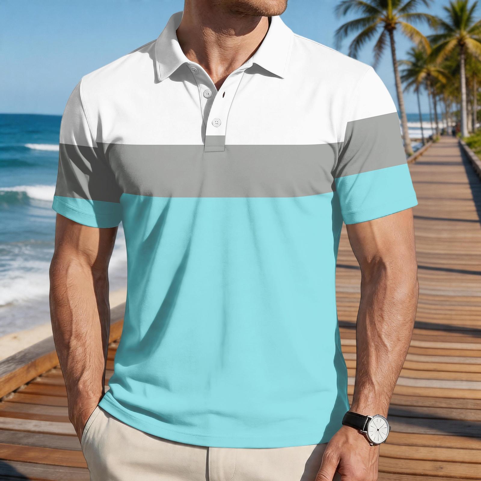 

Men’s Loose Fit Striped Print Polo Shirt Short Sleeve Casual Turn Down Collar Lightweight Top for Everyday Wear S