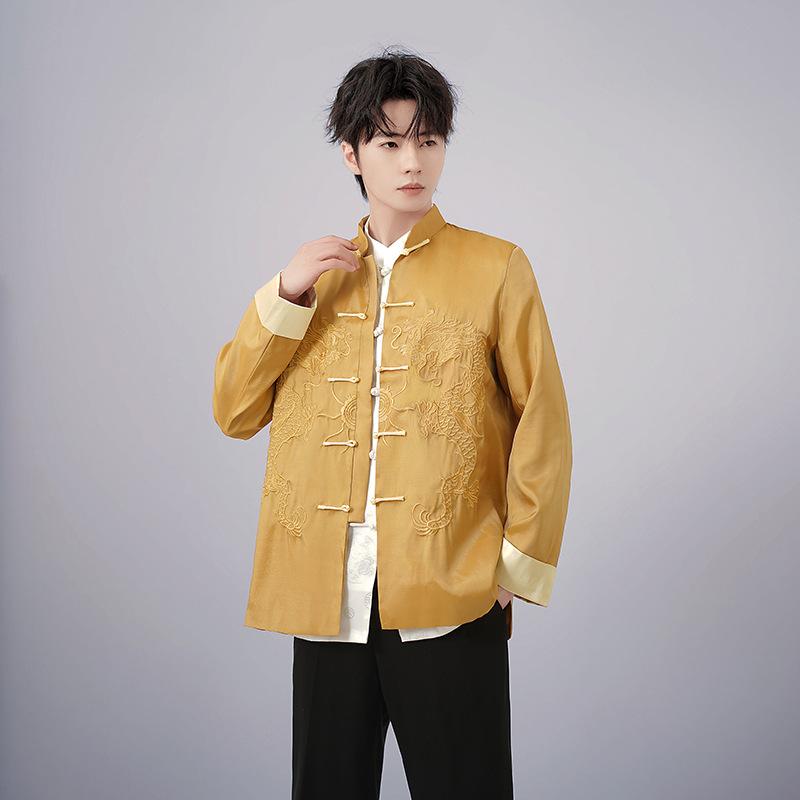 Spring and Autumn Men Embroidered Tops Chinese Traditional Phoenix Printed Clothes Dragon Tang Suit Clothing Long Sleeve Festival New Year Jacket