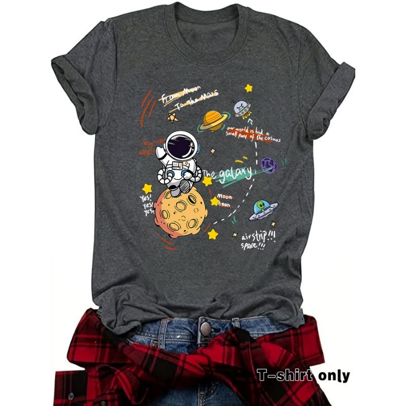 Damen T-Shirt mit Astronauten-Print Kurzarm Lockeres Mode-T-Shirt