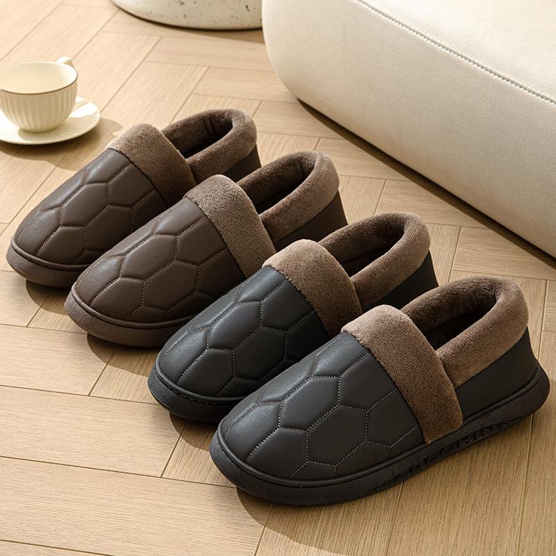 Fashion Men Big Size 50 Winter Slippers Home PU Leather Shoes for Men Indoor Waterproof Fur Cotton Male Bedroom Slipper Flat Houseshoes