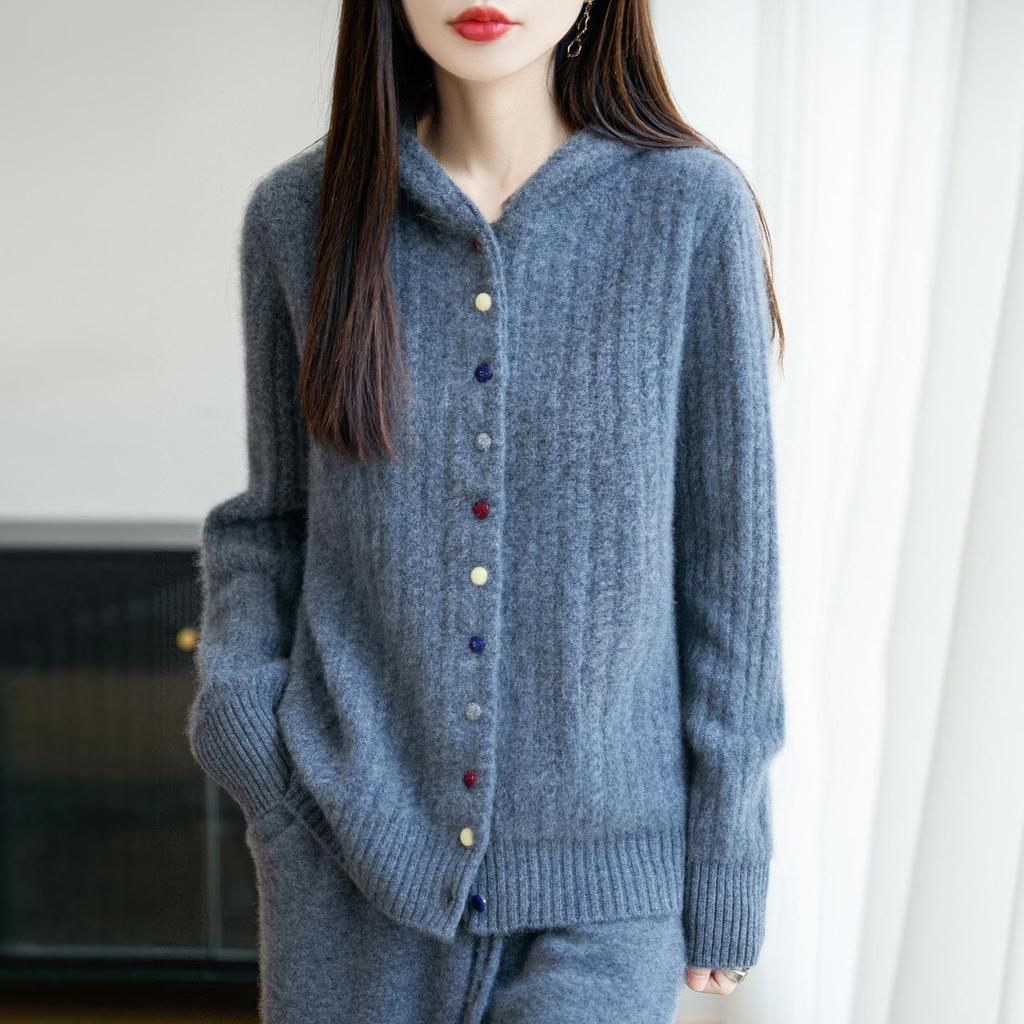 Women's Thickened Hooded Wool Cardigan: Autumn/Winter Simple Casual Cable Knit Sweater Coat