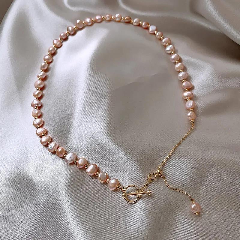 Tuiying-003 Jewelry & Bijouterie Women's Pink/Gold Romantic Baroque Freshwater Pearl Choker Necklace For With Ot Toggle Clasp Pendant Jewelry