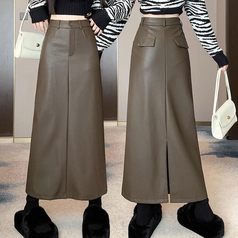 A-line Slit Leather Skirt for Women Autumn Winter High-waisted Black PU Midi Skirt Black Korean Fashion Female Clothing