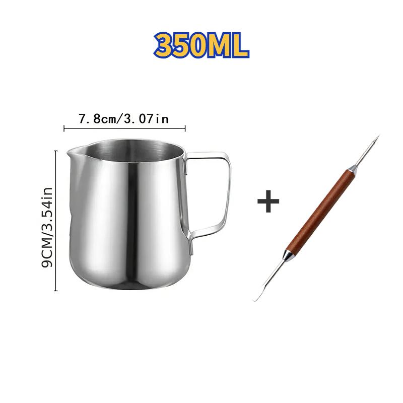 

Вспениватель молока объемом 350/600/1000 мл со шкалой и штифтом для вытягивания. Кофейная чашка из нержавеющей стали, легкая и прочная, подходит для соревнований.