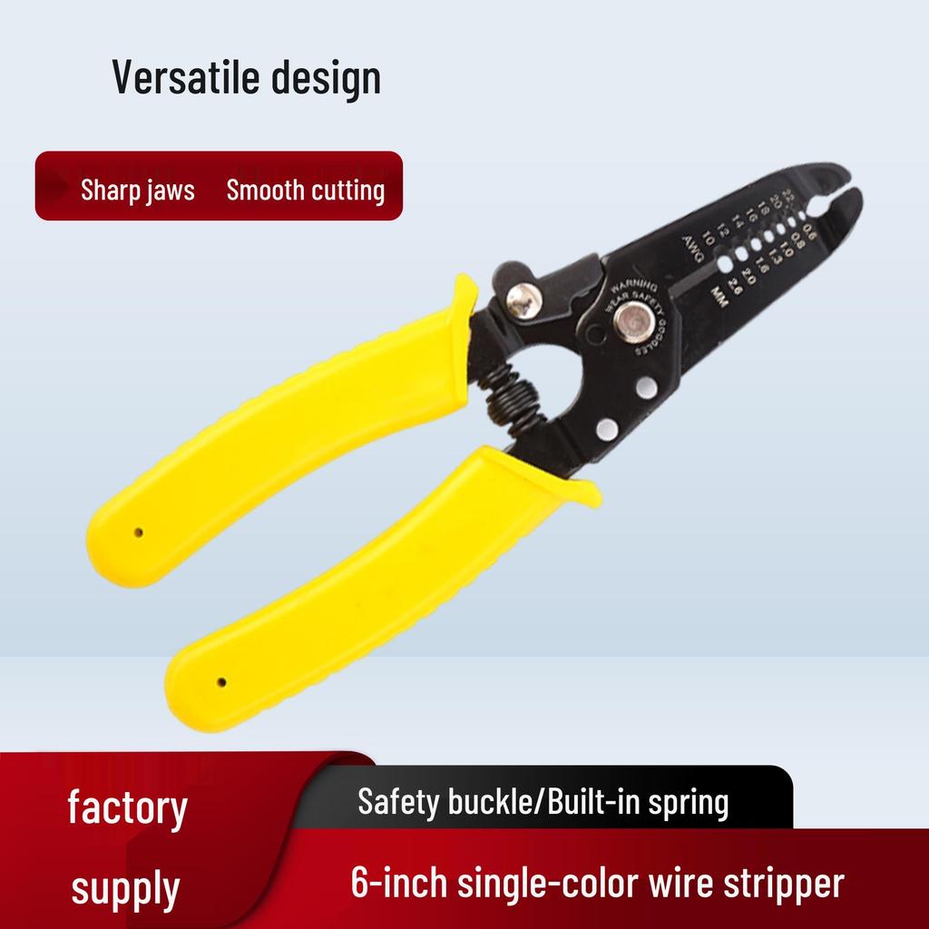 Yellow 6-Inch Multifunctional Wire Stripper with Built-in Spring Safety Lock, 65 Manganese Steel