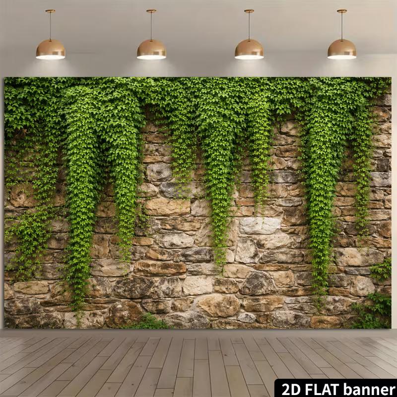 2D Vintage Brick Wall with Green Vines Backdrop Natural Scenery Photo Booth