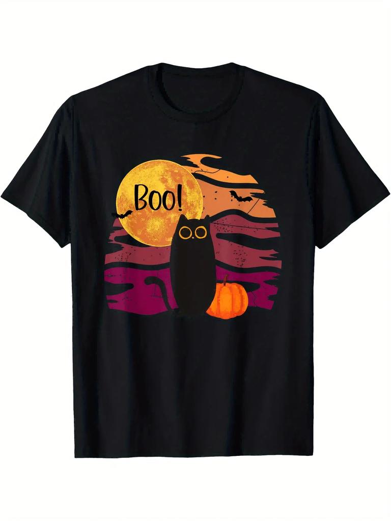 Black Cat Boo Pumpkin Full Moon Halloween Graphic Tee Unisexs Cotton Short Sleeve TShirt