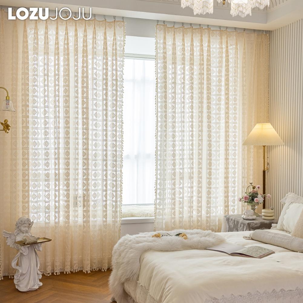 1PC LOZUJOJU 10-20% Blackout French Retro Solid Color Hollow Square Grid Fringe Curtain for Living Room Bedroom Balcony Home Decor