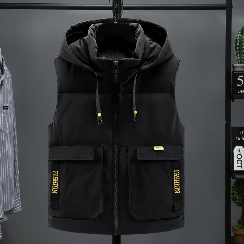 

Мужской пуховый жилет, осень-зима, новая тенденция, красивый, с капюшоном, утолщенная куртка, спортивный жилет, студенческий 5XL (180-100 kg) чёрный