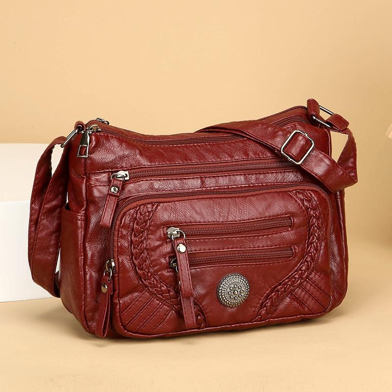 Fashion Four Seasons Soft Leather Texture Large Capacity Shoulder Crossbody Bag Multi-pocket Multi-compartment Backpack Middle Elderly Women's Bag