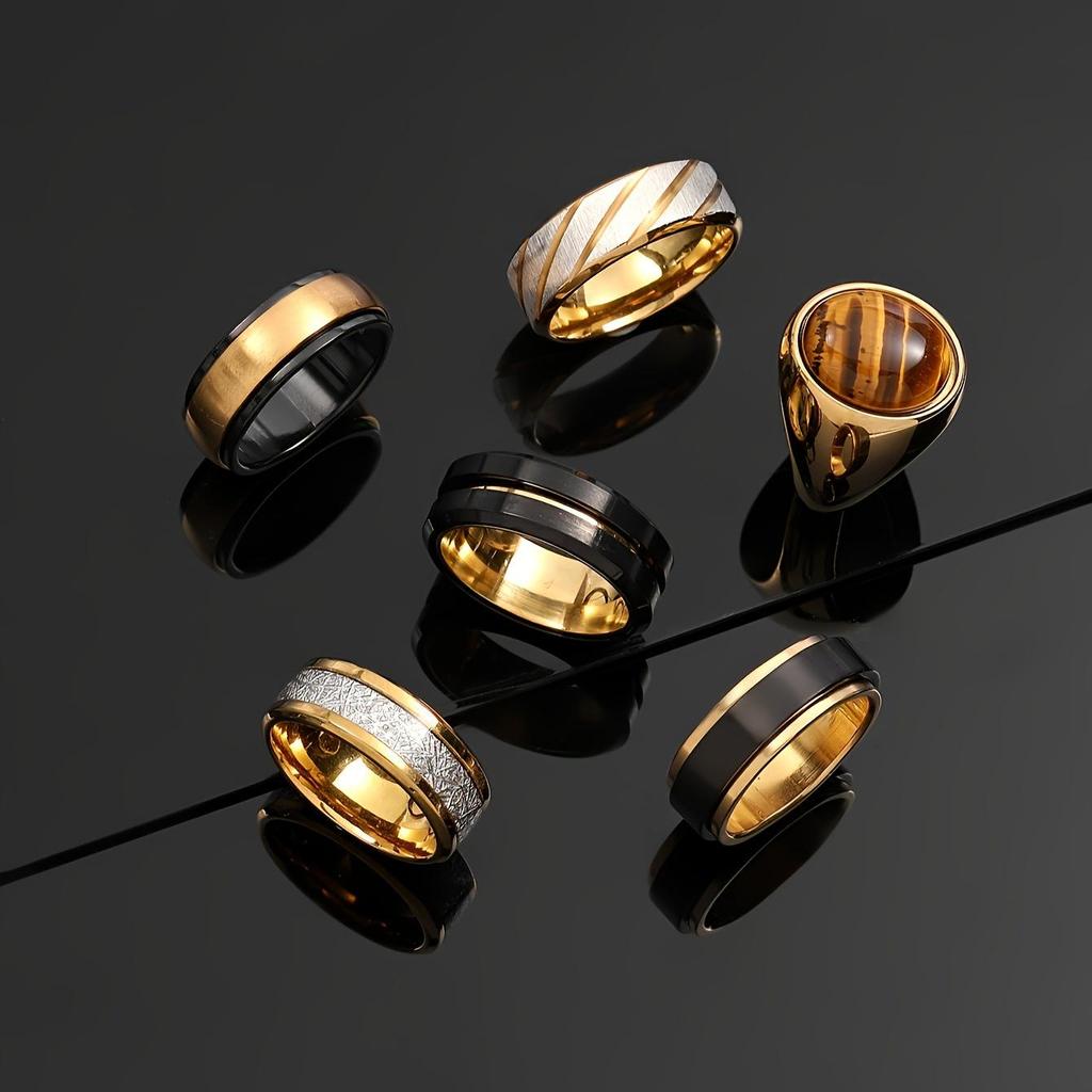 Modisches Herren-Titanstahl-Ringset mit Holzmaserung: Schwarz, Gold und mattierter Edelstahl, nicht verblassend.