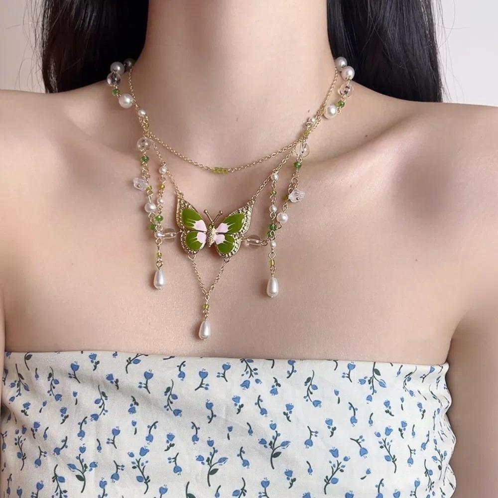 Pearl Butterfly Pendant Necklace Bohemian Style Beads Chain Choker Cute Multilayer Necklace  Gifts
