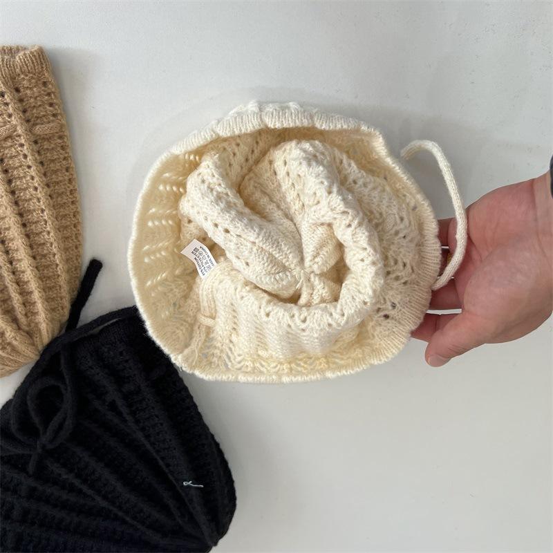 Sweet Bow Drawstring Knitted Hat Children Autumn and Winter Gentle Beige Versatile Wool Hat Bag Head Cold Hat