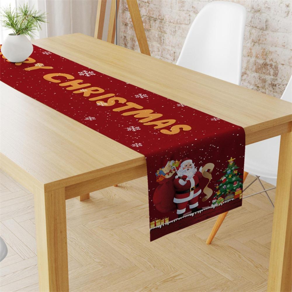 Festive Christmas Table Runner with Holiday Print Linen Table Cover for Home Decor