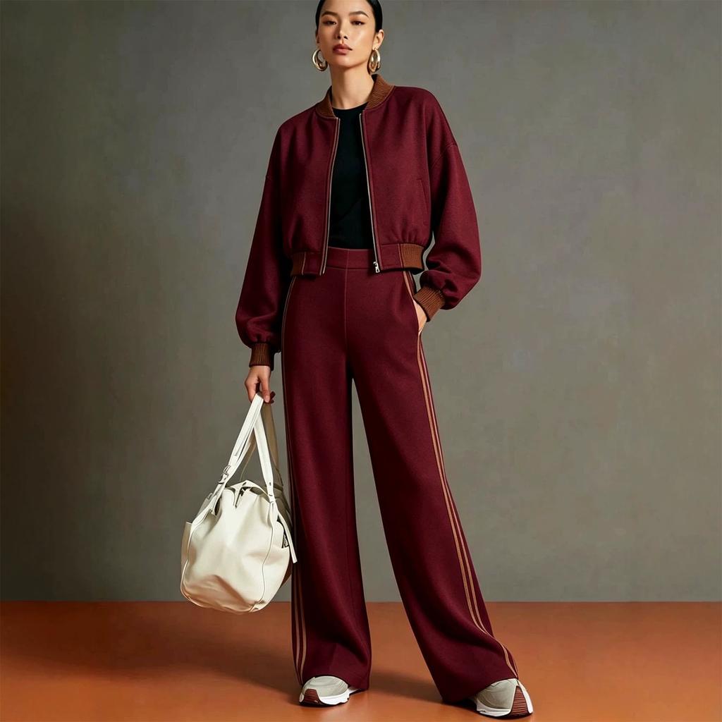 Women's Casual Zip-Up Jacket Stripe Matching Set