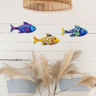 3 Stück Holzfisch Wanddeko Strand Seehaus Wandbehang Dekoration Ozean Küsten Thema Wandskulptur für Nautische Badezimmer Schlafzimmer Dekoration